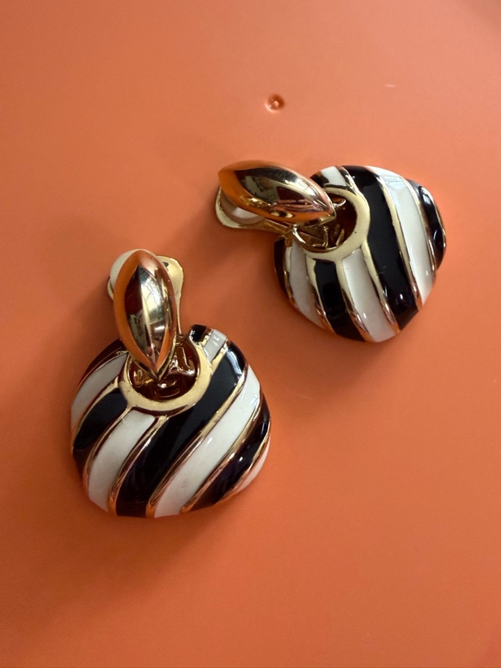 Kenneth Jay Lane Gold-Tone Black & White Striped Heart Clip Earrings